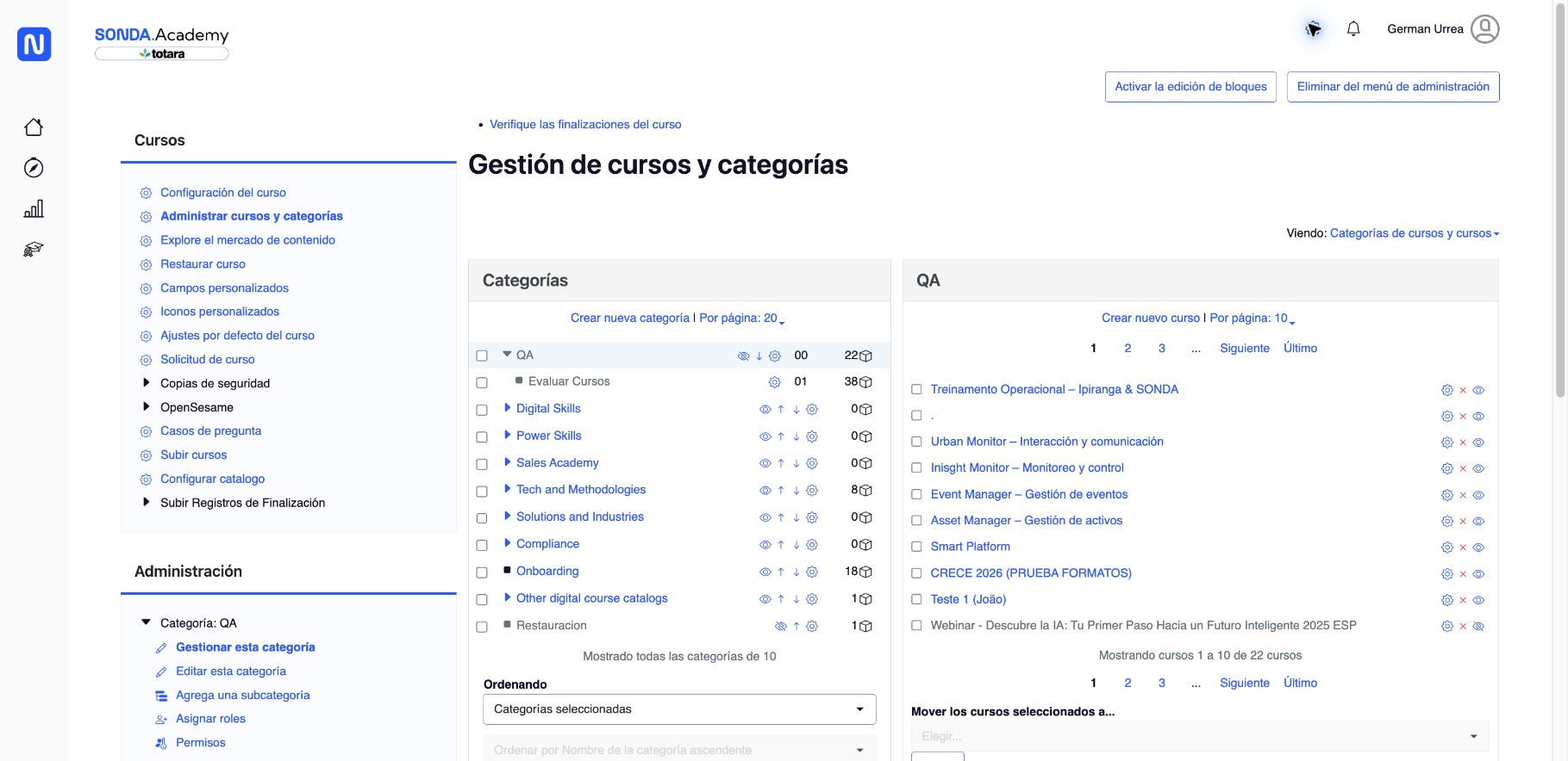 Administración de cursos y categorías
